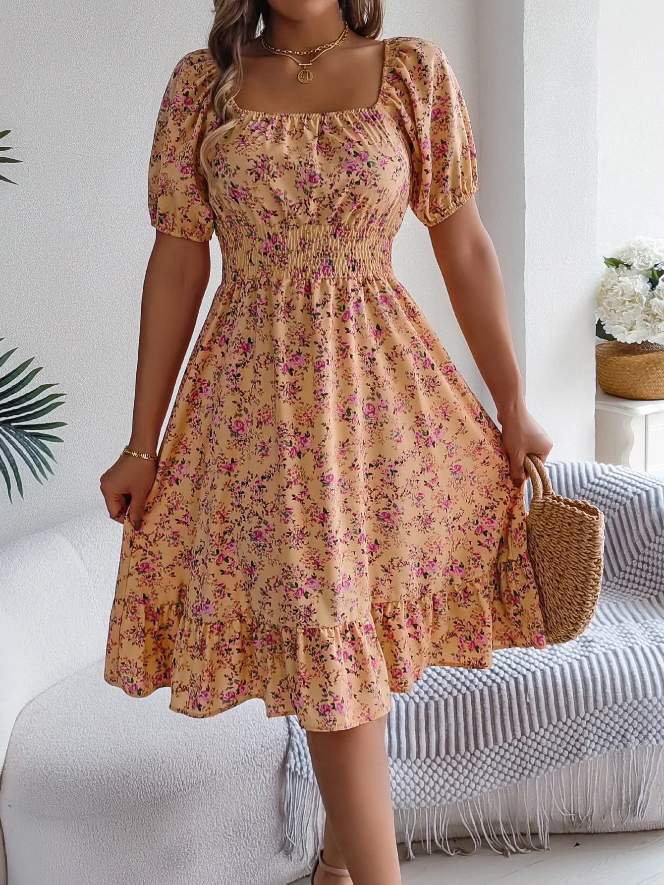 Women's Floral 3D Print Square Neck Dress